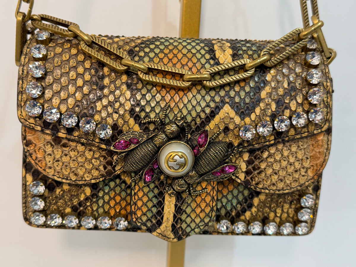 Pre-owned Guggi Broadway Bee Crystal Python shoulder bag.