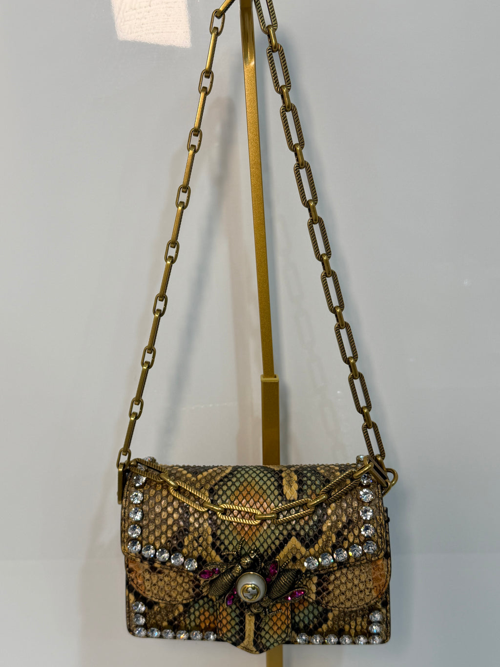 Pre-owned Guggi Broadway Bee Crystal Python shoulder bag.