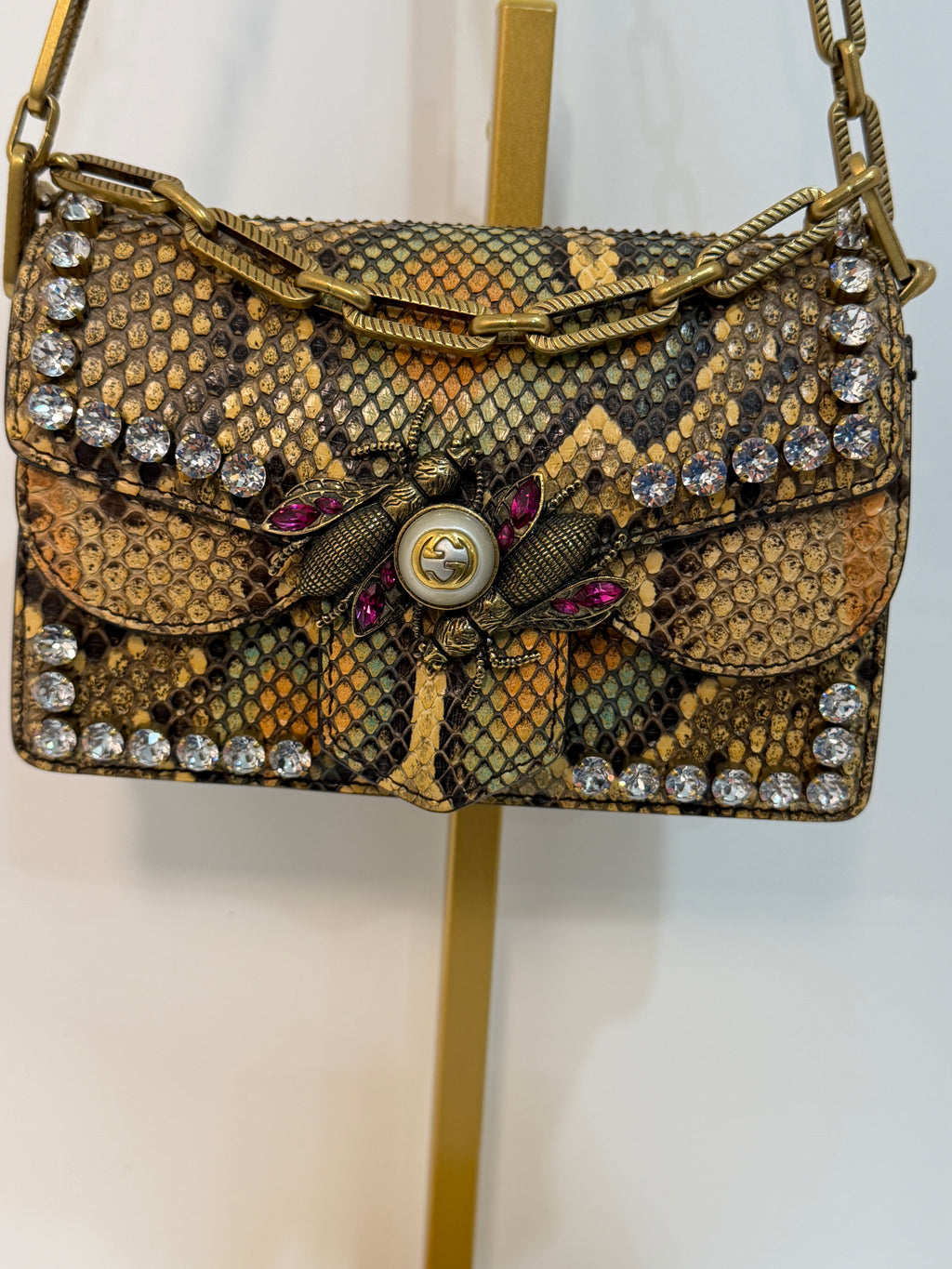 Pre-owned Guggi Broadway Bee Crystal Python shoulder bag.